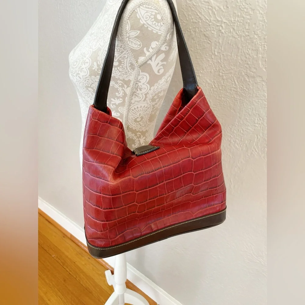 Dooney & Bourke Red Croc-Embossed Leather Hobo with Brown Trim